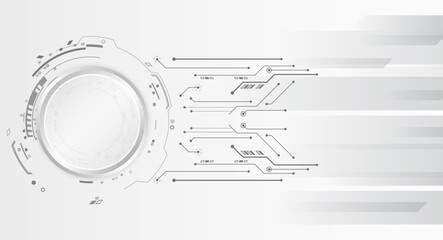Obraz premium Hi-tech grey background with various technology elements. vector illustration of circles and lines with shadows. Abstract futuristic communication.