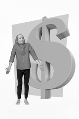 Creative trend banner collage of doubtful guy with franklin head shrug shoulders no know money...