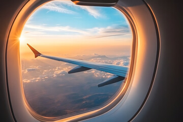 landscape of a mountain range as seen from an airplane window. bright sun. travel by plane. top view. beautiful sunrise over the mountains