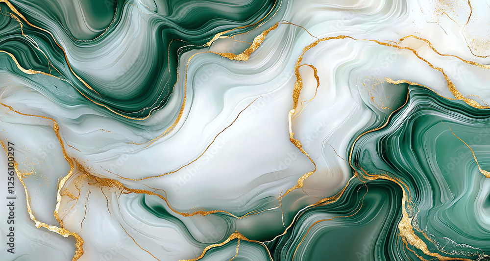 Poster elegant green and white abstract marble texture with golden veins, creating luxurious and sophistica