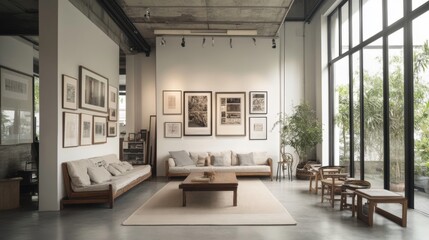 Modern art gallery interior, minimalist furniture, large windows, tranquil garden view