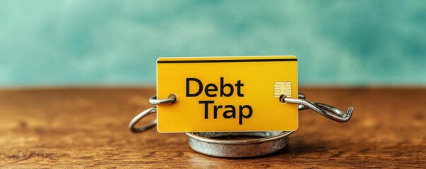 emergency cash debt concept. A warning sign labeled 'Debt Trap' on a wooden surface.