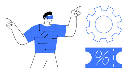 Man wearing VR headset interacting with digital circuits, gear, percentage discount ticket. Ideal for technology, virtual reality, innovation, digital transformation, automation, discounts modern