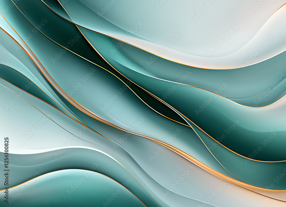 Poster abstract background with flowing green and white waves, featuring elegant golden lines. this design 