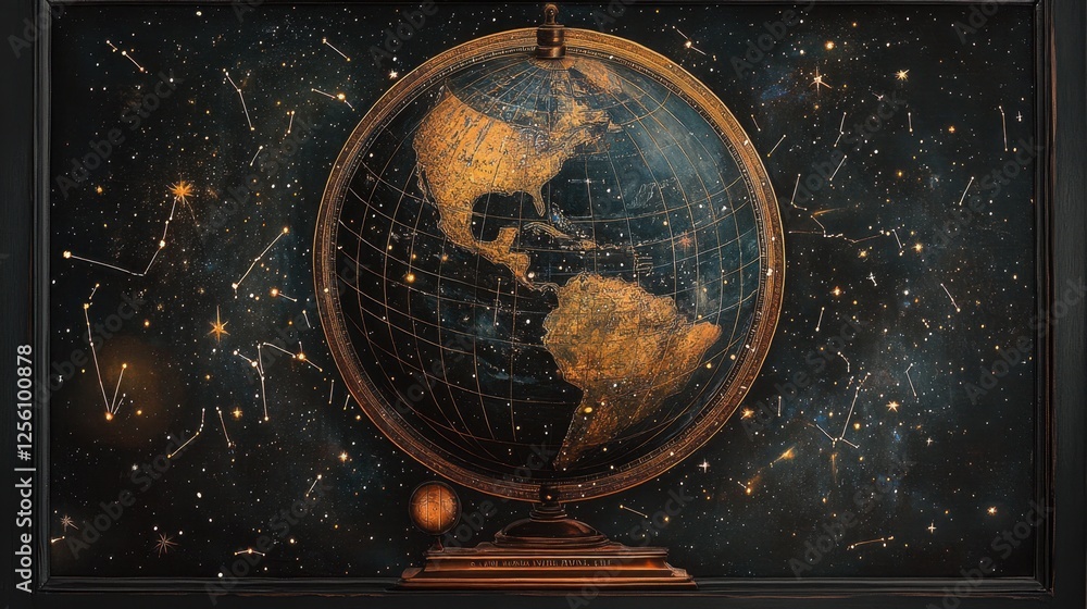 Poster a celestial globe centered on the americas with constellations twinkling in the deep space behind