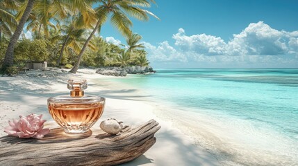 Tropical beach perfume bottle photoshoot