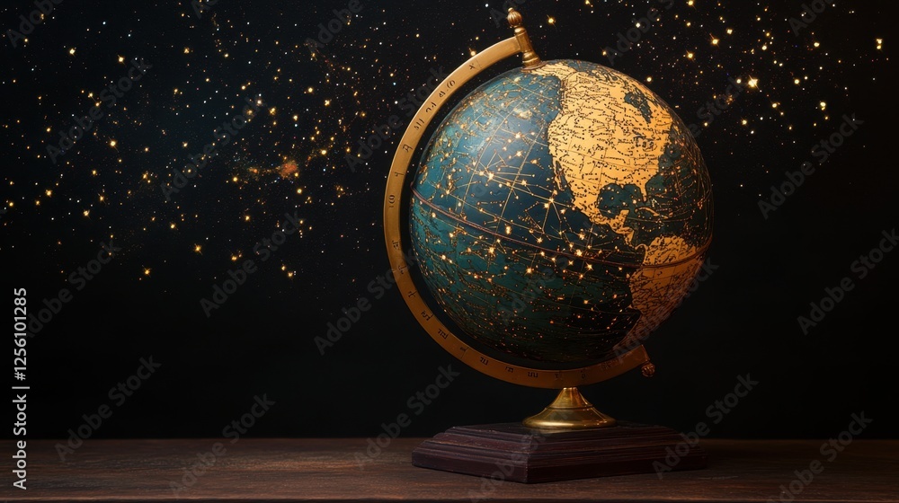 Poster a celestial globe centered on the americas with constellations twinkling in the deep space behind