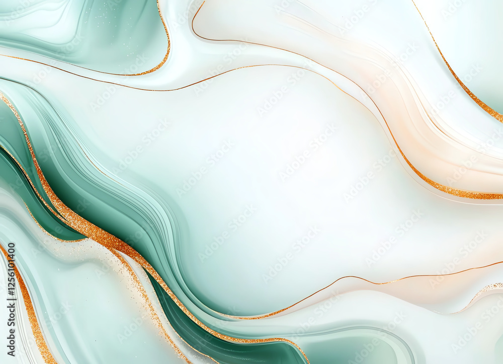 Poster abstract background with swirling patterns in soft green and gold tones, creating serene and elegant