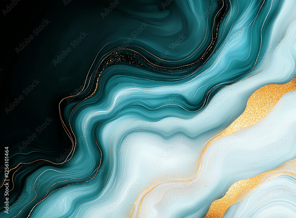 Poster abstract background with teal and gold colors flowing in waves, creating serene and elegant atmosphe