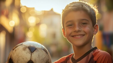 Naklejka premium portrait of a smiling boy holding his soccer ball