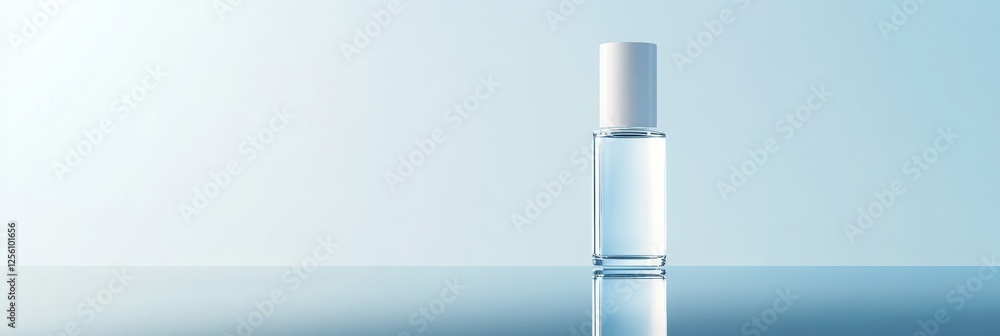 Poster sleek cosmetic bottle on reflective surface showcasing clean pastel toned background with blank spac