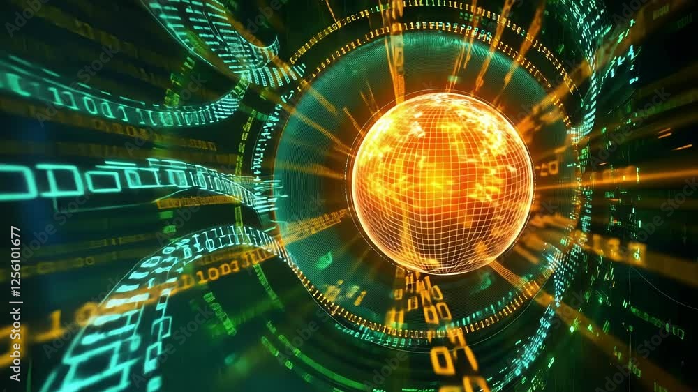 Poster a radiant currency globe surrounded by swirling binary digits symbolizing ais impact on global trade