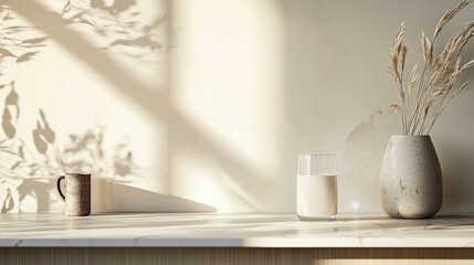 Tranquil Morning Scene with Milk Glass and Dried Flowers