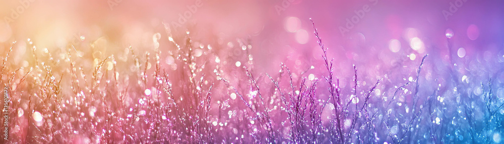 Poster hazy atmosphere over a vibrant field of tall grass with luminous bokeh highlights