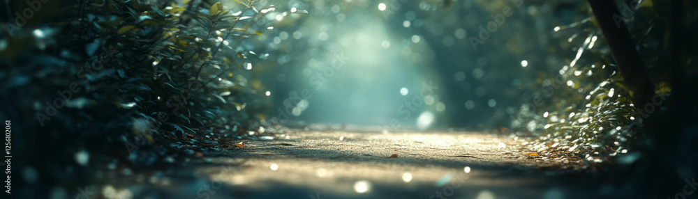 Poster forest path illuminated by dappled light and blurred surroundings creating a serene atmosphere