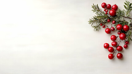 Festive red berries & greenery on white wood. Ideal for holiday cards