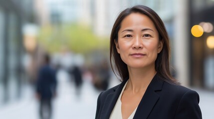 A mature mid-40s East Asian business woman with a gentle expression standing on a busy high-rise street. - obrazy, fototapety, plakaty
