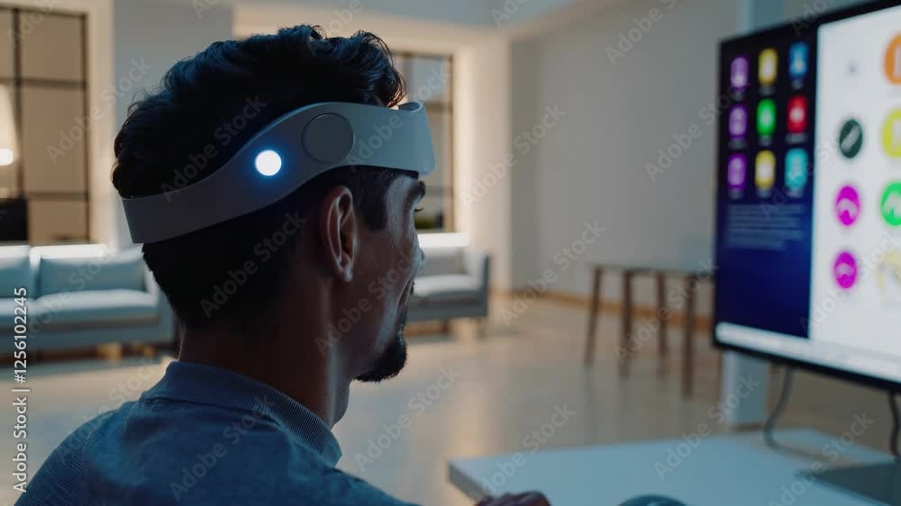 Poster engaging in interactive technology at home with a neural interface device during the evening