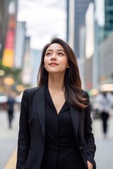 A mid-20s East Asian business woman with a gentle expression standing on a busy high-rise street staring into the sky.