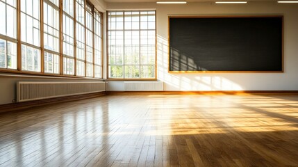 Fototapeta premium A spacious classroom with large windows letting in natural light, highlighting wooden flooring and a chalkboard, Ideal for educational materials, interior design, or workspace concepts,