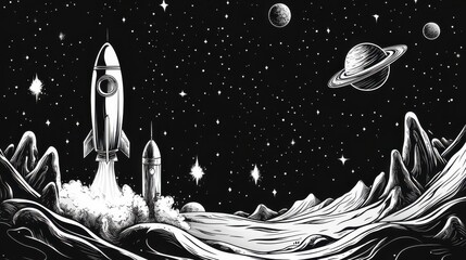 Vintage Rocket Launch in Space with Planets and Mountainous Landscape, Black and White Artistic Illustration