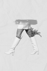 Photo poster collage advertisement of woman female footwear boots high heels walking nature plant...