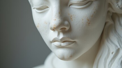Close-up view of a white marble statue showcasing intricate facial features