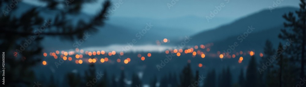 Poster blurred mountain range with distant bokeh lights creating a serene atmosphere