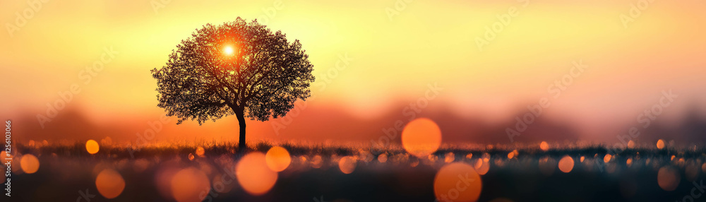 Aufkleber silhouetted tree against a blurred sunset with soft bokeh highlights creating a tranquil mood