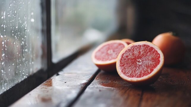 Rainy day, grapefruit halves on window sill. Food blog, recipe - Powered by Adobe