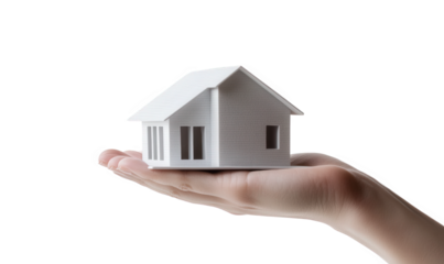 Holding a model of a small house on the outstretched palm
