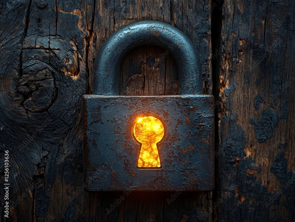 Poster glowing metallic padlock icon on rustic wooden background secure concept with copy space