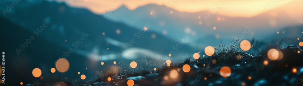Poster blurred mountain landscape with distant bokeh lights creating a dreamy depth effect