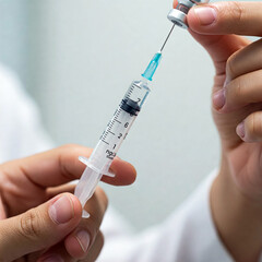 hand holds a syringe. medicine