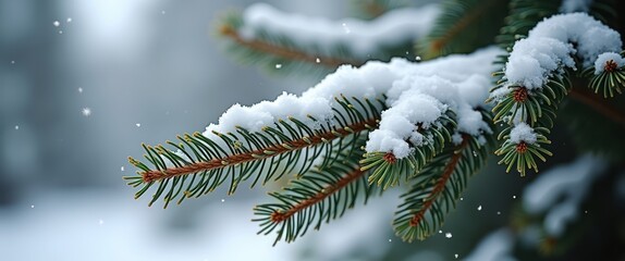 Snow-covered evergreen branches glistening in a serene winter landscape with falling snowflakes