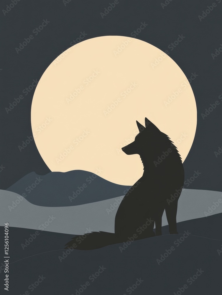 Poster silhouette of a wolf against a full moon in a minimalist night landscape with space for text. genera