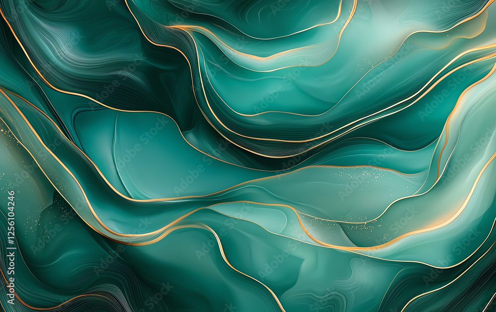 Poster emerald green and gold marble pattern with flowing waves and smooth textures, creating serene and el