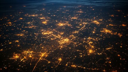 Urban Nightscape Illuminated by City Lights from High Altitude View