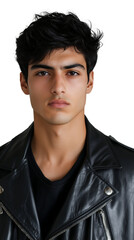 Closeup headshot of a young attractive male model with dark textured hair wearing a black leather jacket He has a serious neutral expression The background is plain white