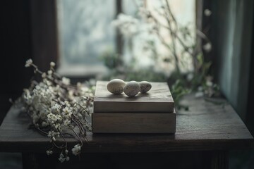 Easter gift wrapped box rests on table with decorative eggs and blooming branches surrounding it. Concept emphasizes easter gift wrapped box, perfect for seasonal decor
