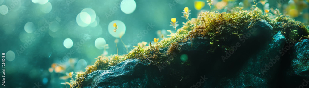 Poster blurred texture of moss on rock with bokeh circles creating a vibrant natural backdrop