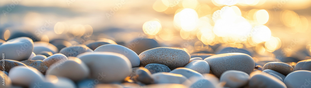 Poster blurred texture of pebbles on the beach with vibrant bokeh in the background