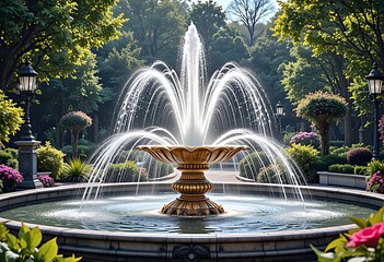 Decorative water fountain in a landscaped garden, highlighting luxurious details