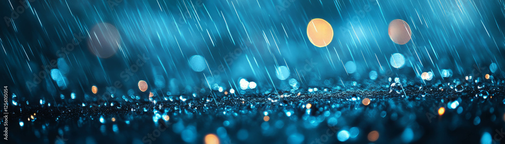 Poster blurred rain texture with streaks and bokeh highlights against a dark background