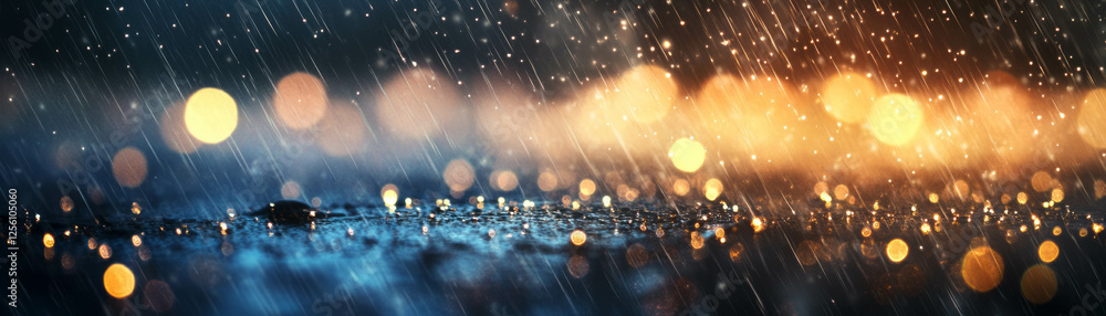 Aufkleber blurred texture of rain falling on dark surface with light streaks and bokeh effects