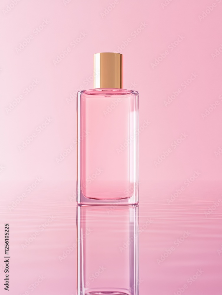 Poster Sleek cosmetic bottle on a reflective surface with a clean pastel background and space for branding. Generative AI