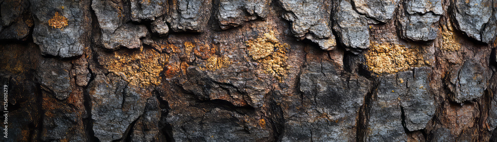 Poster blurred texture of rough tree bark with bokeh highlights on moss for bright background