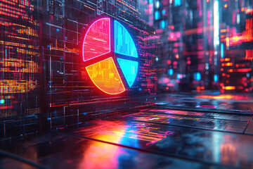 Neon pie chart in futuristic cityscape reflects on wet floor, data visualization