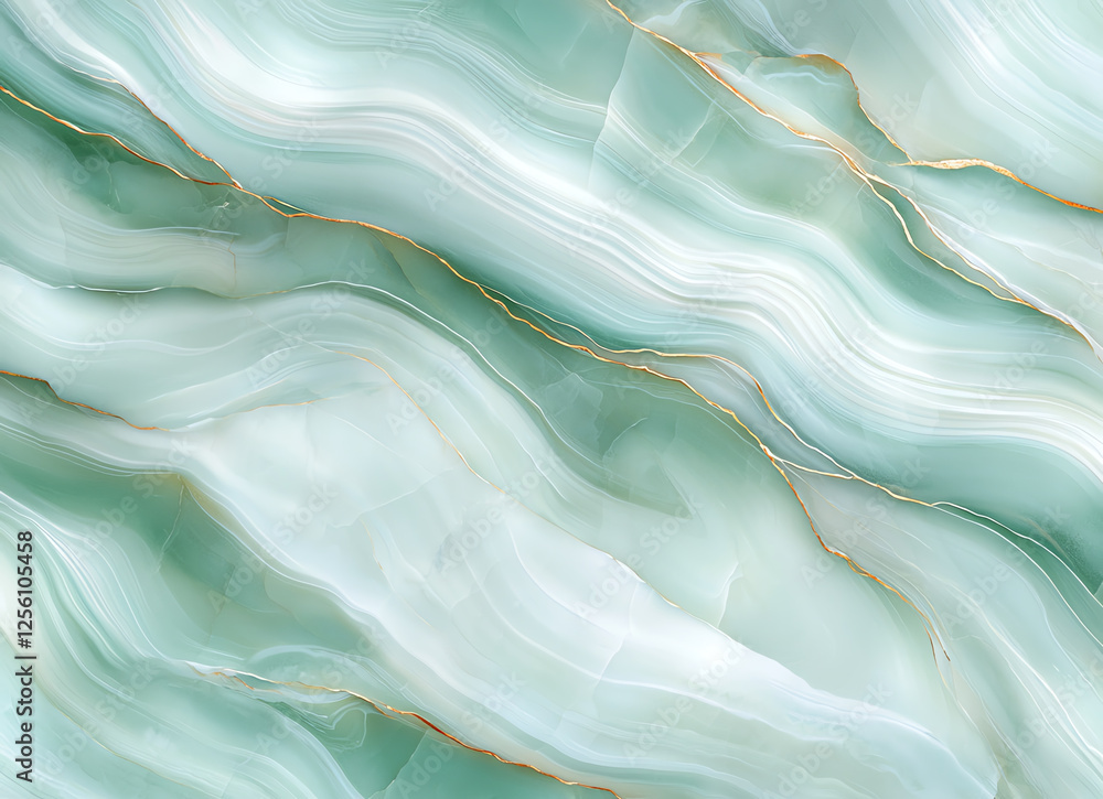 Poster elegant abstract marble texture with soft green waves and golden veins, creating serene and luxuriou