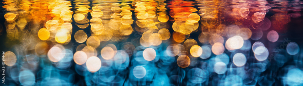 Poster blurred water surface reflecting trees illuminated by vibrant bokeh circles in a bright setting